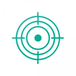 A teal icon featuring a stylized crosshair or target symbol, consisting of concentric circles with a central dot and horizontal and vertical lines extending beyond the outer circle, represents AI in optometry technology.