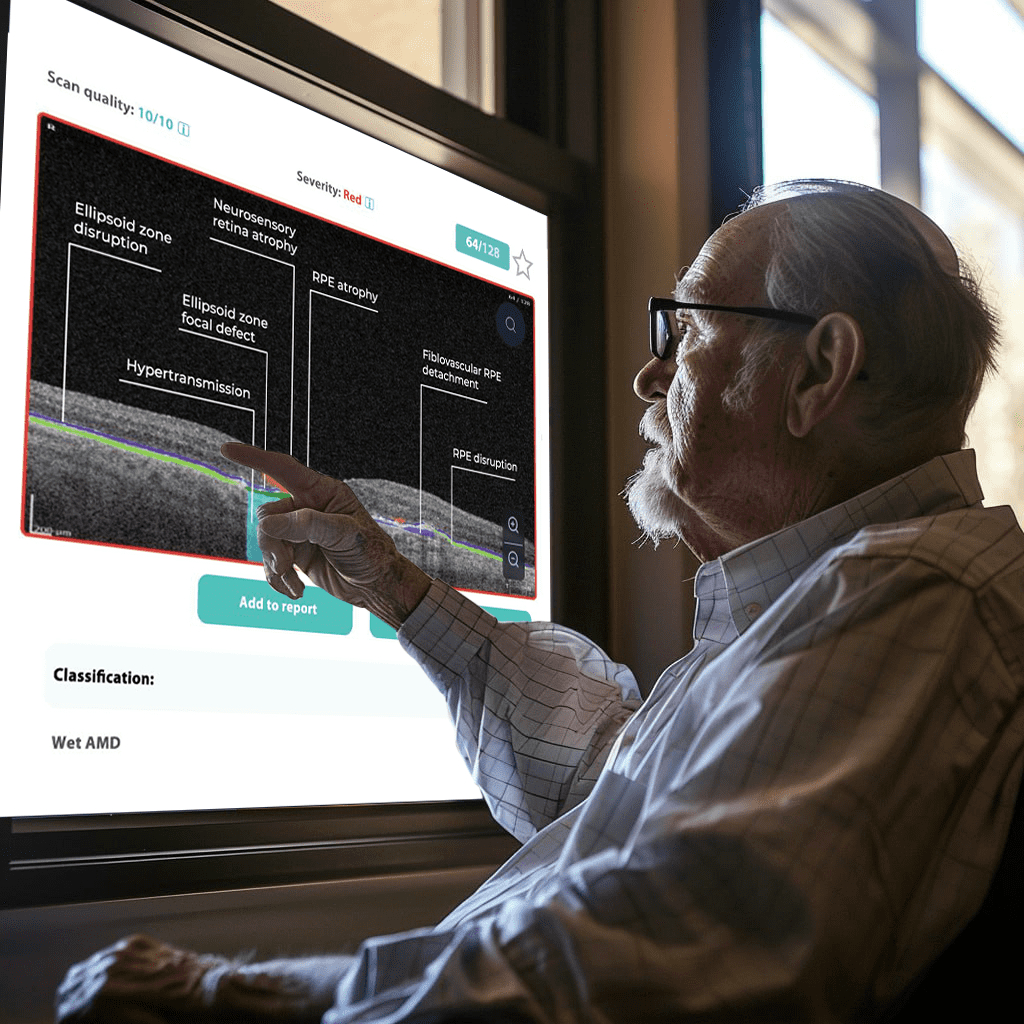 Elderly patient is investigating his OCT report with color coded by Altris AI biomarkers